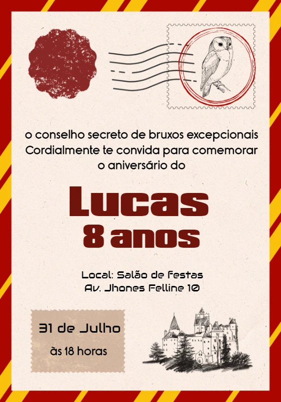 Convite de Aniversário Harry Potter Editável para Imprimir