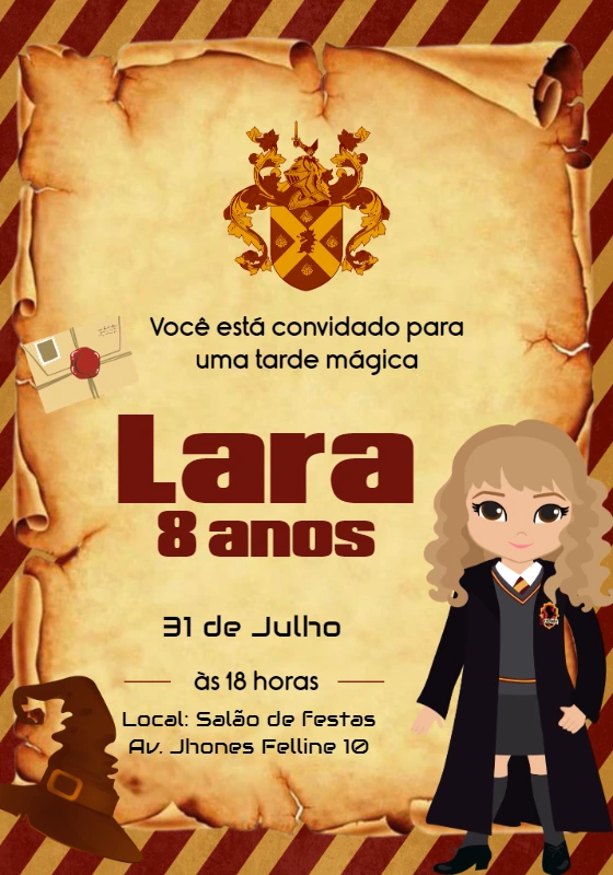 Convite Aniversário Harry Potter com Personagem para Editar