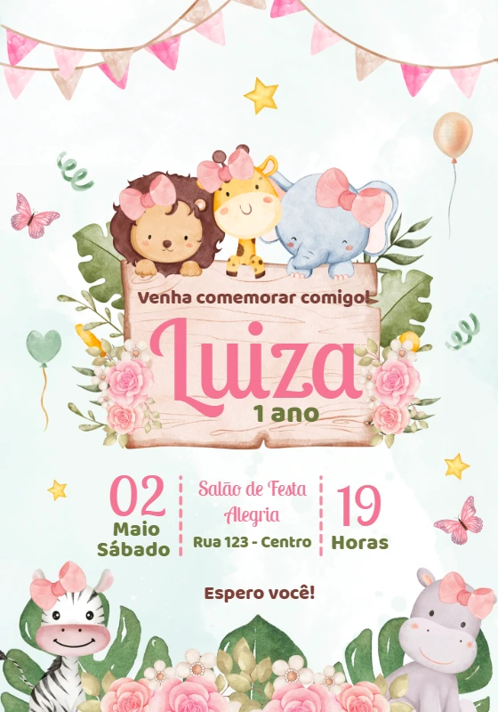 Convite Aniversário Safari Menina Aquarela para Editar Online