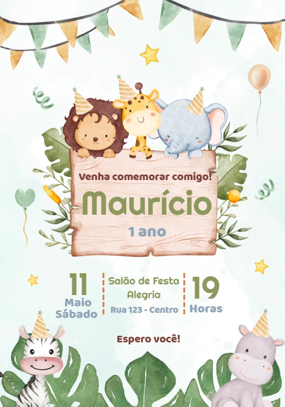 Convite Editável de Aniversário Tema Safari Baby Aquarela