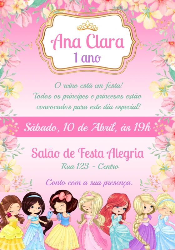 Convite Aniversário Princesas Cute para Editar Online