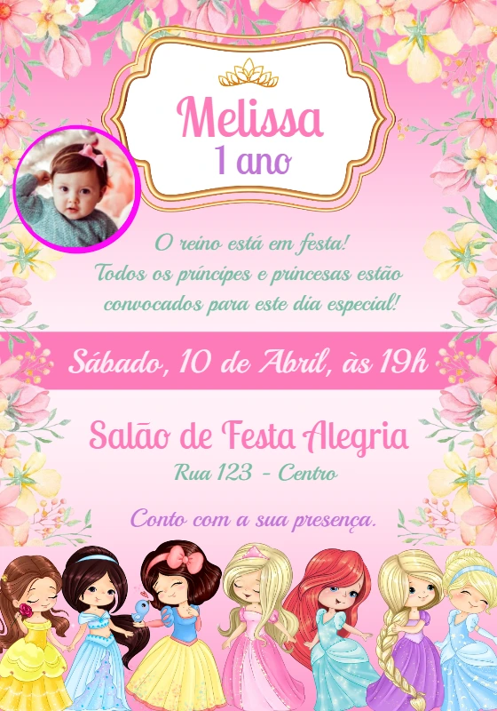 Convite Aniversário Princesas com Foto para Editar Online