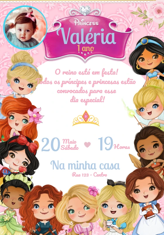 Convite Aniversário Princesas Baby com Foto para Editar Online