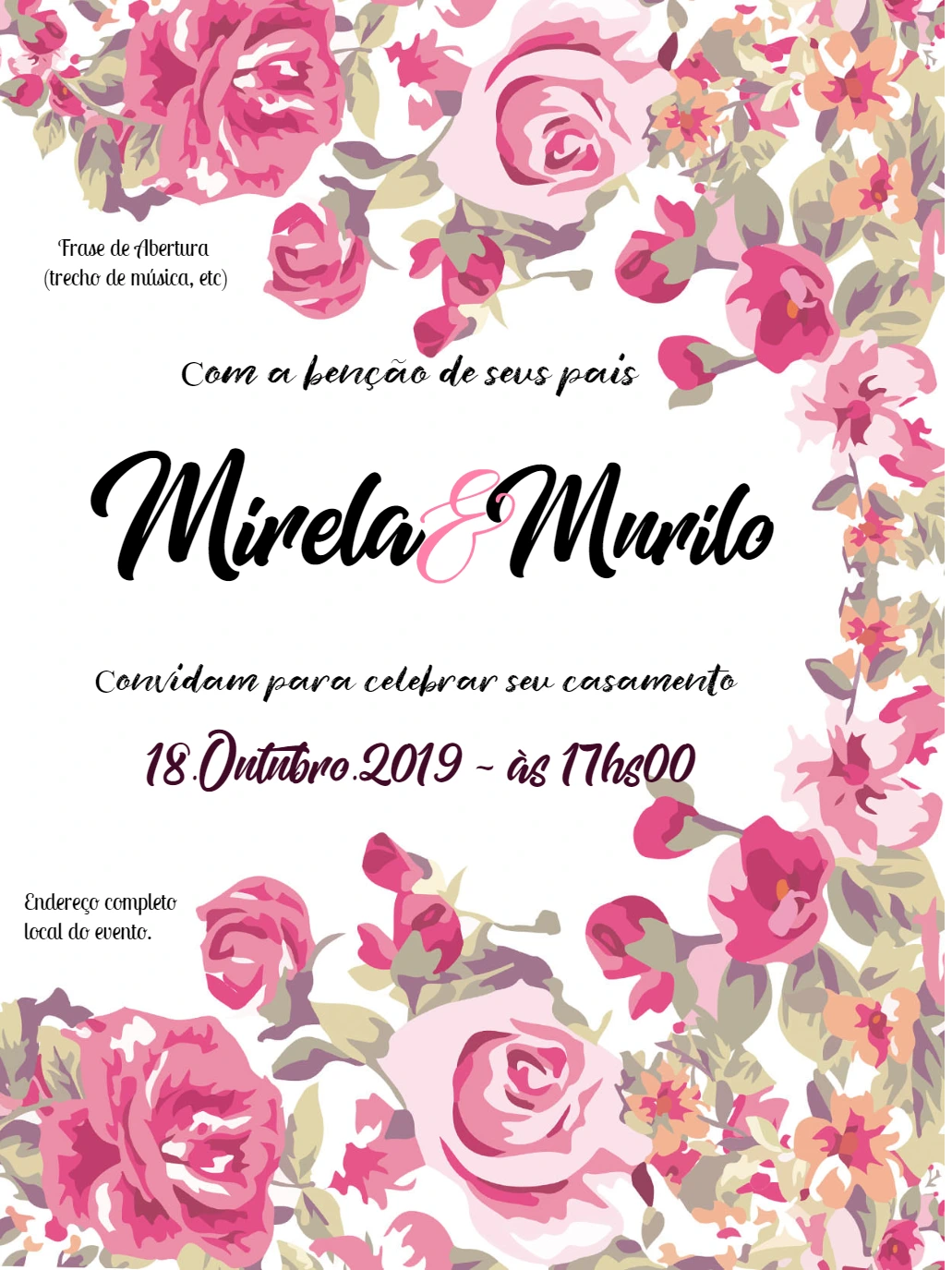 Convite de Casamento Floral com Rosas para Editar Online