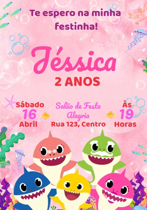 Convite Aniversário Baby Shark Menina para Editar Online