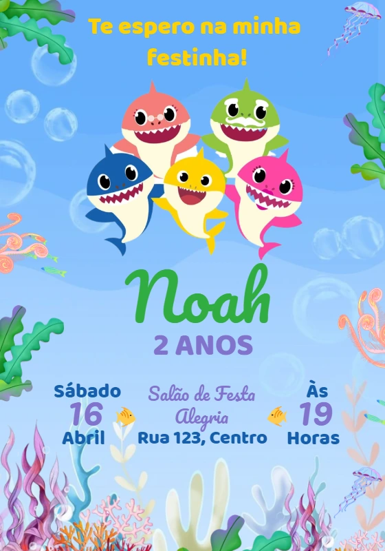 Convite Aniversário Baby Shark Menino para Editar Online