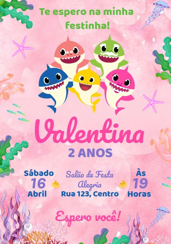 Convite Aniversário Baby Shark Menina Aquarela para Editar Online