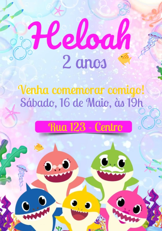Convite Aniversário Baby Shark Menina para Editar Online