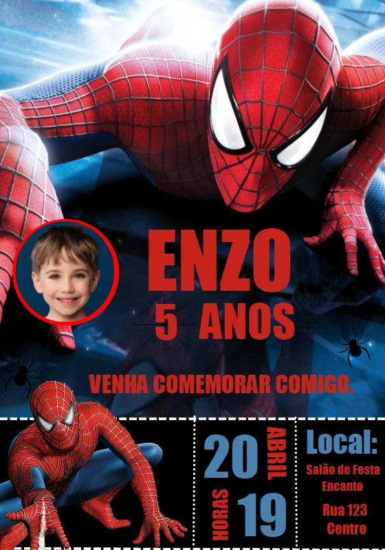 Convite Aniversário Homem Aranha com Foto para Editar Online