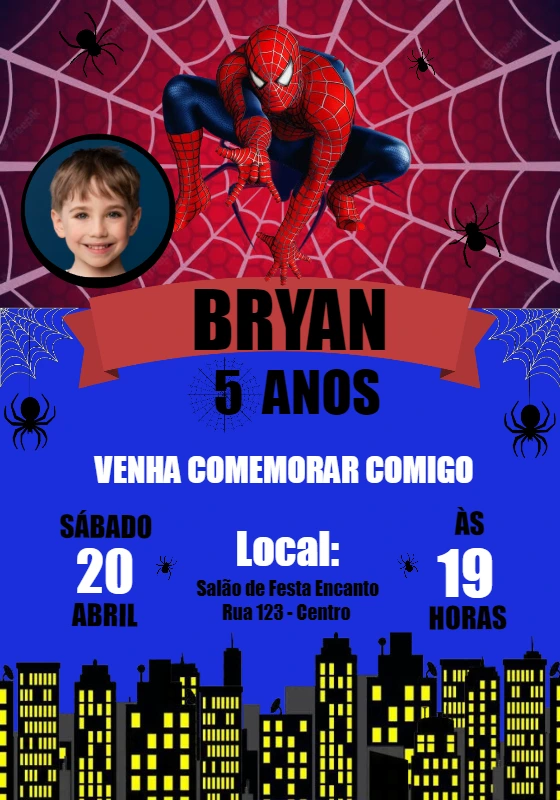 Convite Aniversário Homem Aranha com Foto para Editar Online