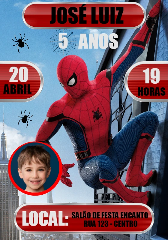 Convite Aniversário Homem Aranha com Foto para Editar Online