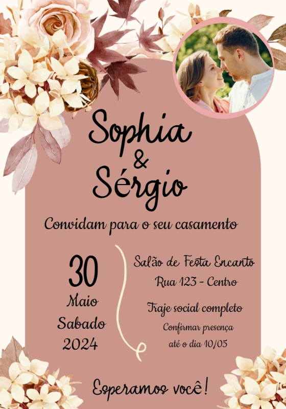 Convite de Casamento Floral Rosê com Foto para Editar Online