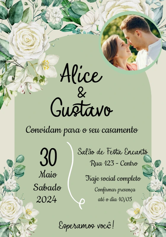 Convite de Casamento Floral Verde com Foto para Editar