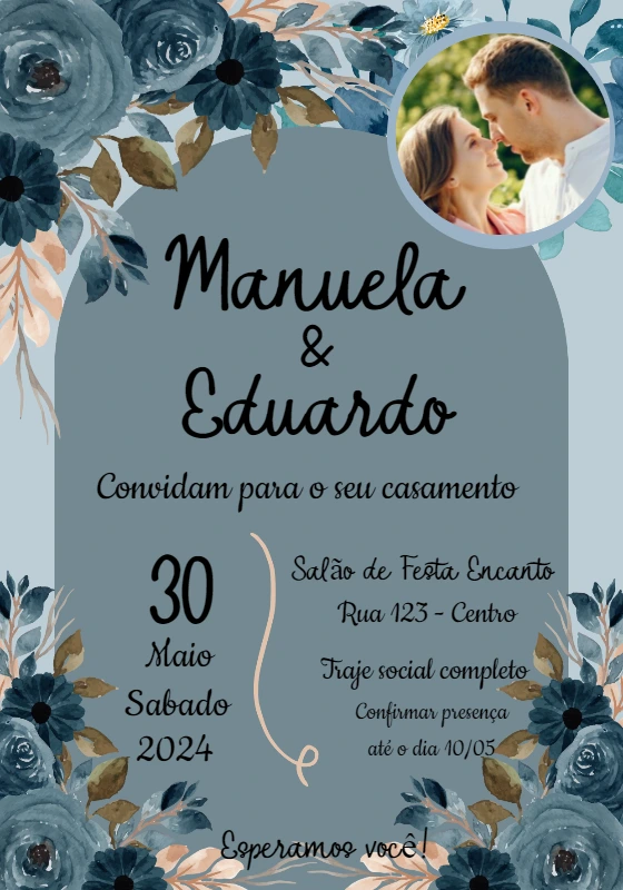 Convite de Casamento Floral Azul com Foto para Editar Online