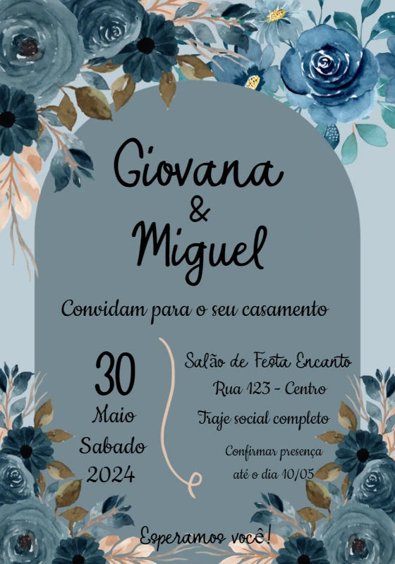 Convite de Casamento Floral Azul Elegante para Editar Online