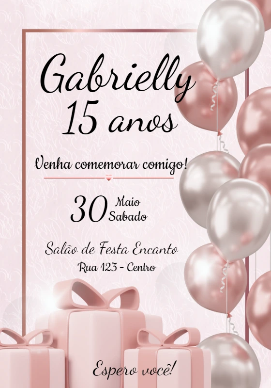 Convite de 15 Anos Rosê Gold com Balões para Editar Online