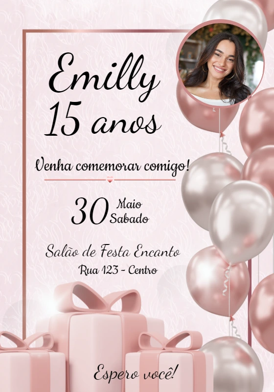 Convite de Aniversário 15 Anos Rosê com Foto para Editar Online