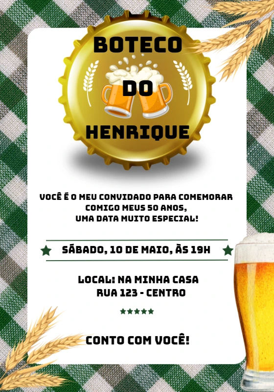 Convite Aniversário Boteco com Tema Cerveja para Editar