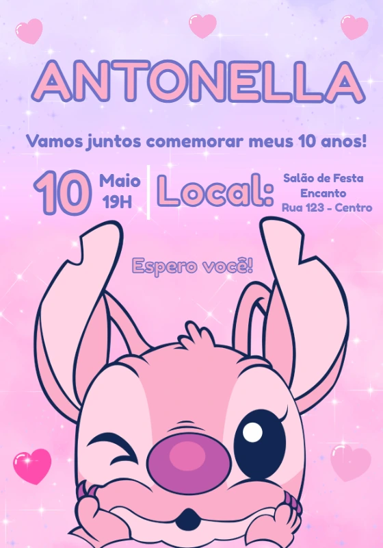 Convite Aniversário Angel do Stitch para Editar Online