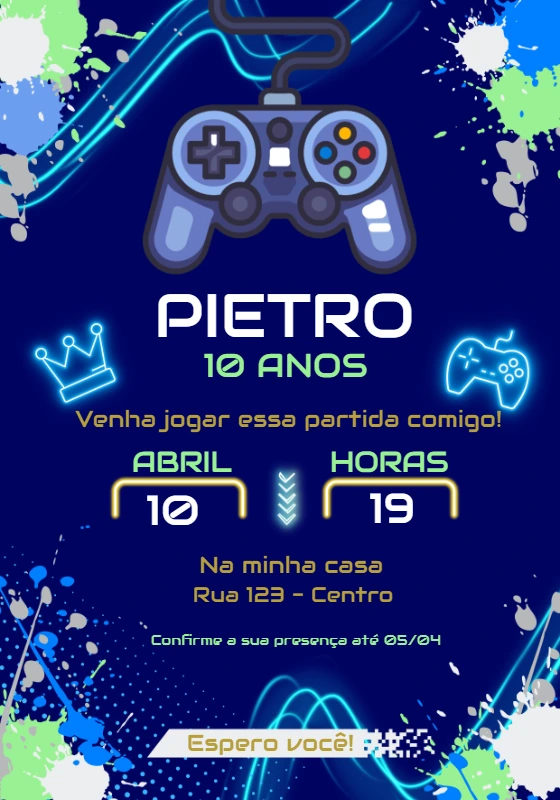 Convite de Aniversário Videogame Azul Neon para Editar