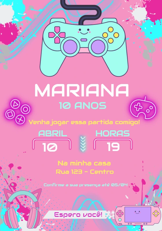 Convite Aniversário Gamer Rosa com Controle para Editar Online