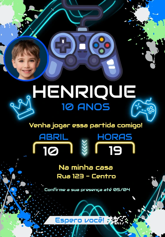 Convite Aniversário Gamer com Foto para Editar Online