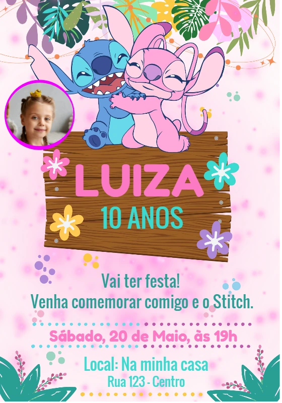 Convite Aniversário Stitch e Angel com Foto para Editar Online
