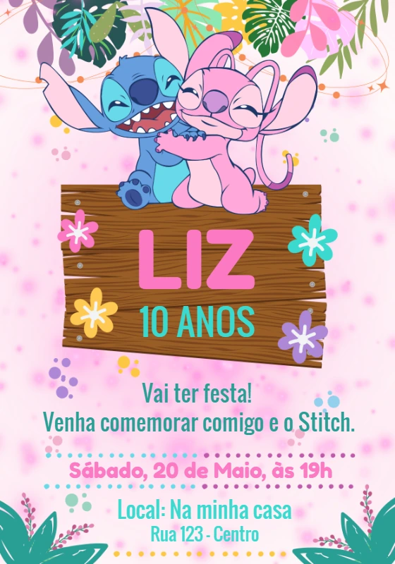 Convite de Aniversário Stitch e Angel Aloha para Editar Online