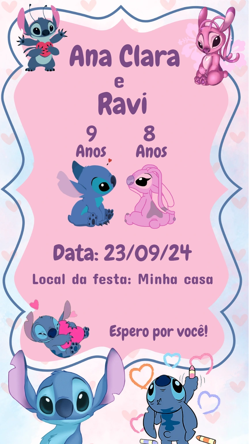 Convite Aniversário Stitch e Angel para Editar Online