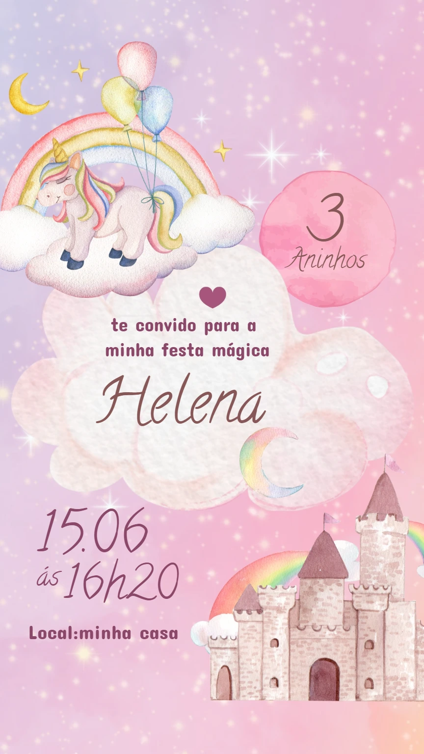 Convite Aniversário Unicórnio Mágico para Editar Online