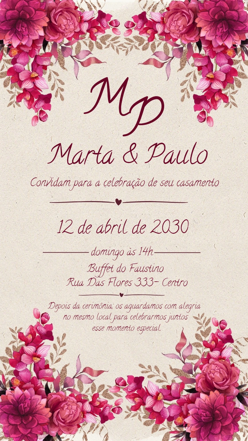 Convite de Casamento Floral Marsala para Editar Online