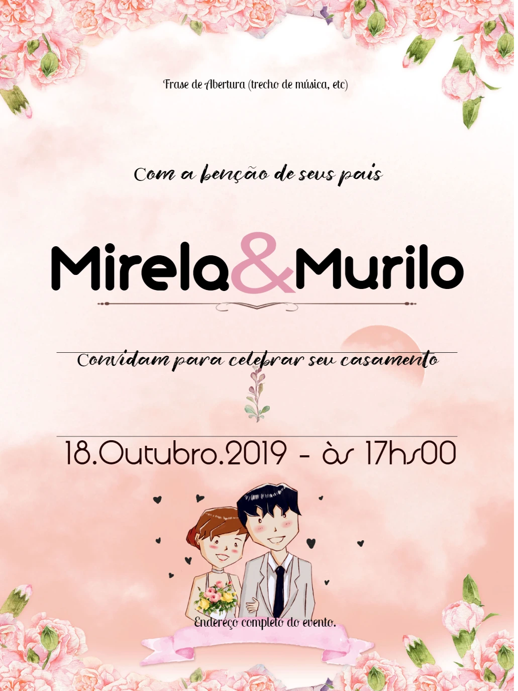 Convite de Casamento Floral com Ilustração para Editar Online