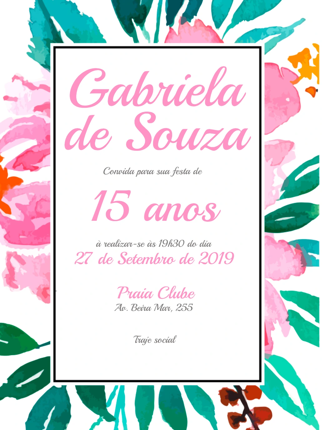 Convite de 15 Anos Floral Aquarela para Editar Online