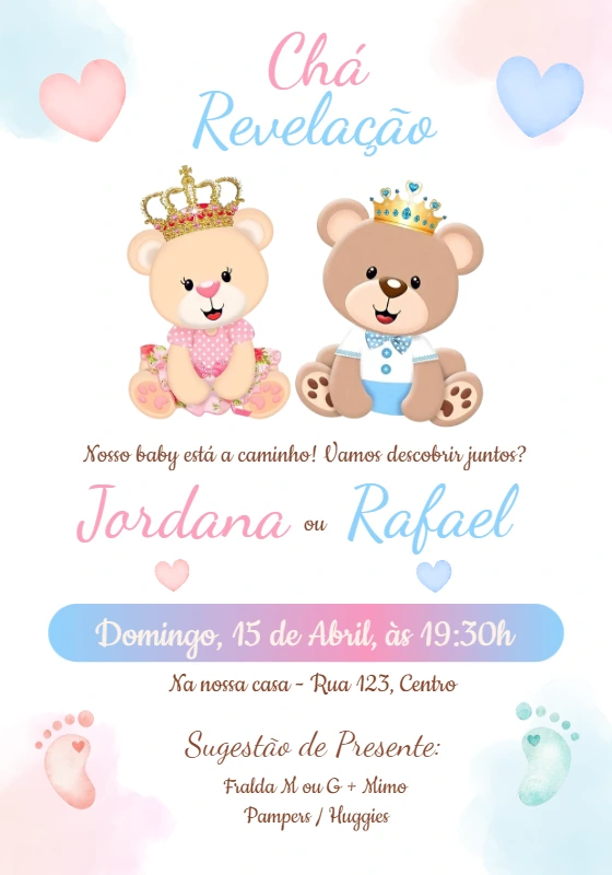 Convite Chá Revelação Ursinhos Realeza para Editar Online