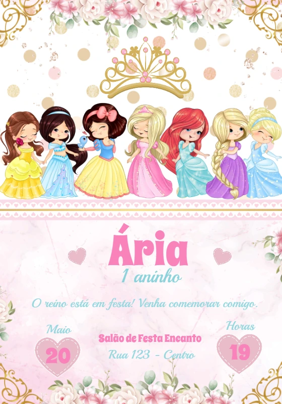 Convite Aniversário Princesas Cute para Editar Online