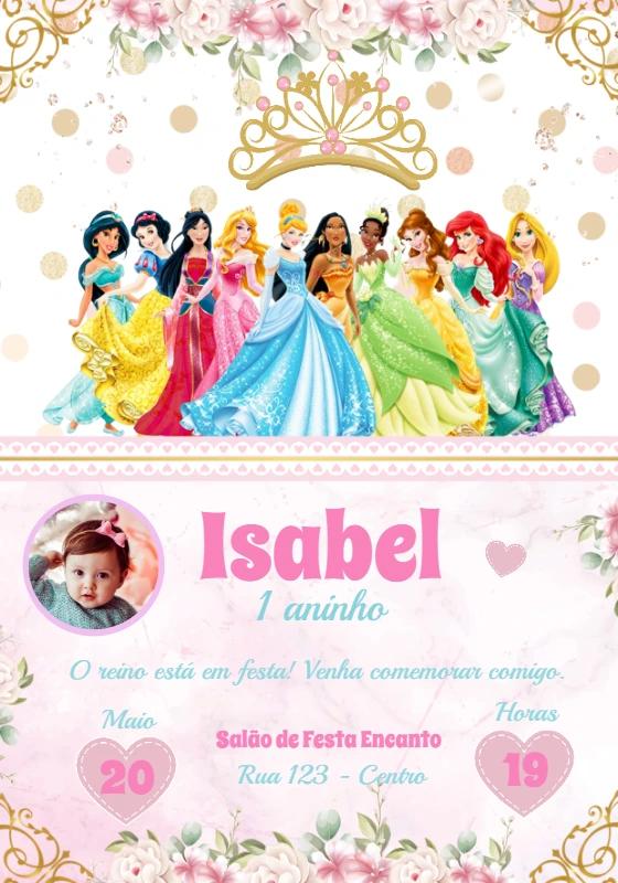 Convite Aniversário Princesas Disney com Foto para Editar