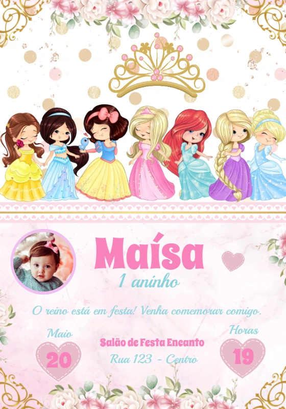 Convite Aniversário Princesas com Foto para Editar Online