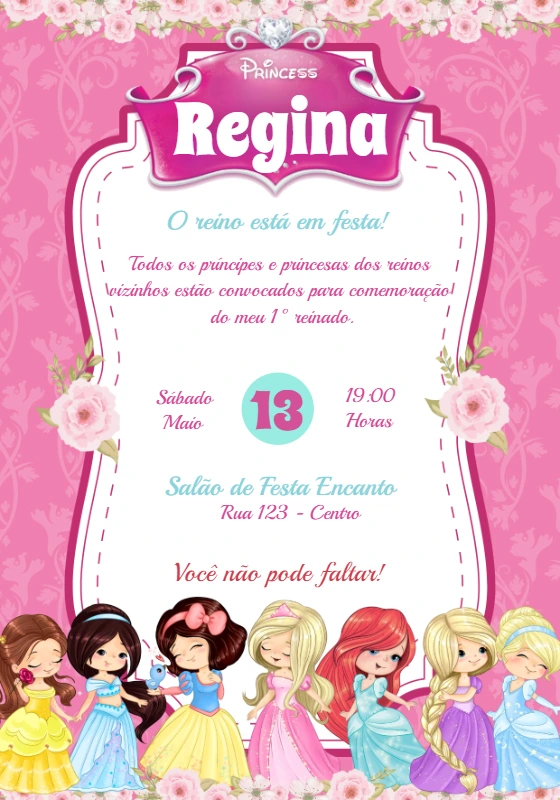 Convite Aniversário Princesas Editável para Imprimir