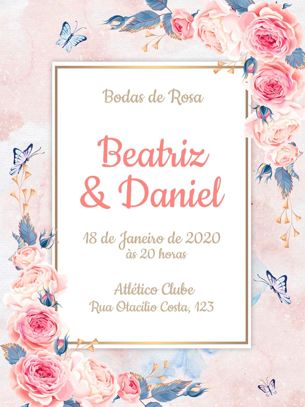 Convite de Bodas de Rosa Floral Delicado para Editar Online