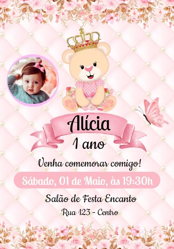 Convite Aniversário Ursinha Princesa com Foto para Editar