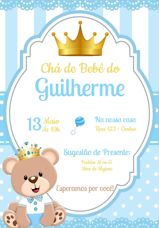 Convite Chá de Bebê Ursinho Príncipe Azul para Editar Online