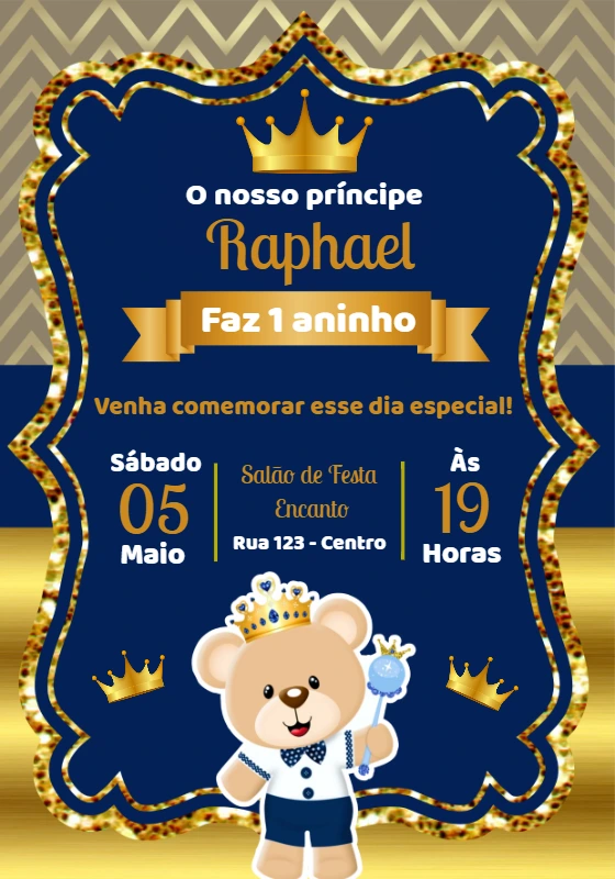 Convite Aniversário Ursinho Príncipe Editável Online