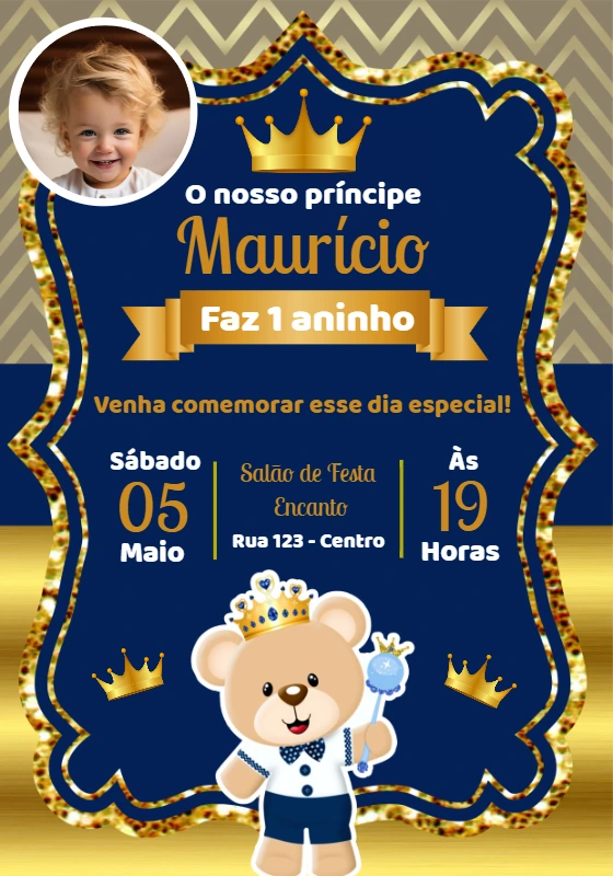 Convite de Aniversário Ursinho Príncipe com Foto para Editar