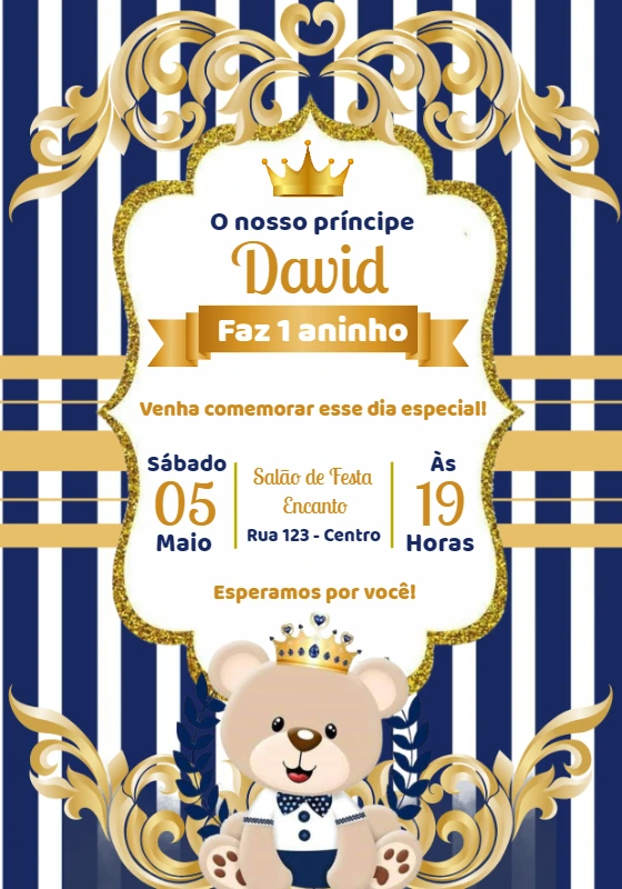 Convite Aniversário Ursinho Príncipe para Editar Online