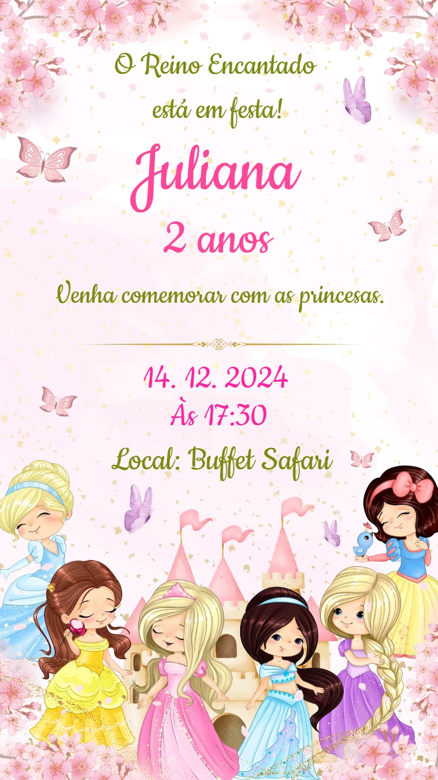 Convite de Aniversário Princesas Encantadas para Editar Online