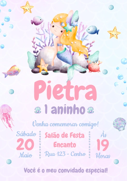 Convite de Aniversário Sereia Fundo do Mar para Editar Online