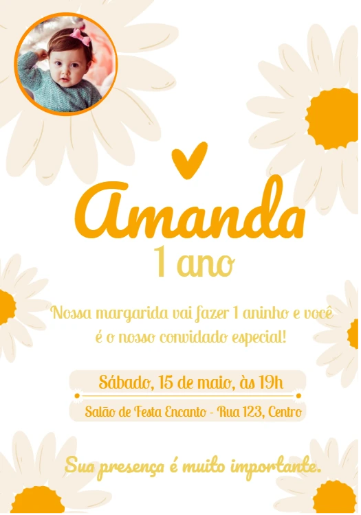 Convite Aniversário Tema Margarida com Foto para Editar