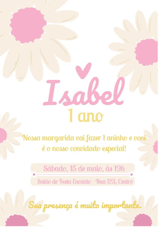 Convite Aniversário Tema Margaridas Rosa para Editar Online