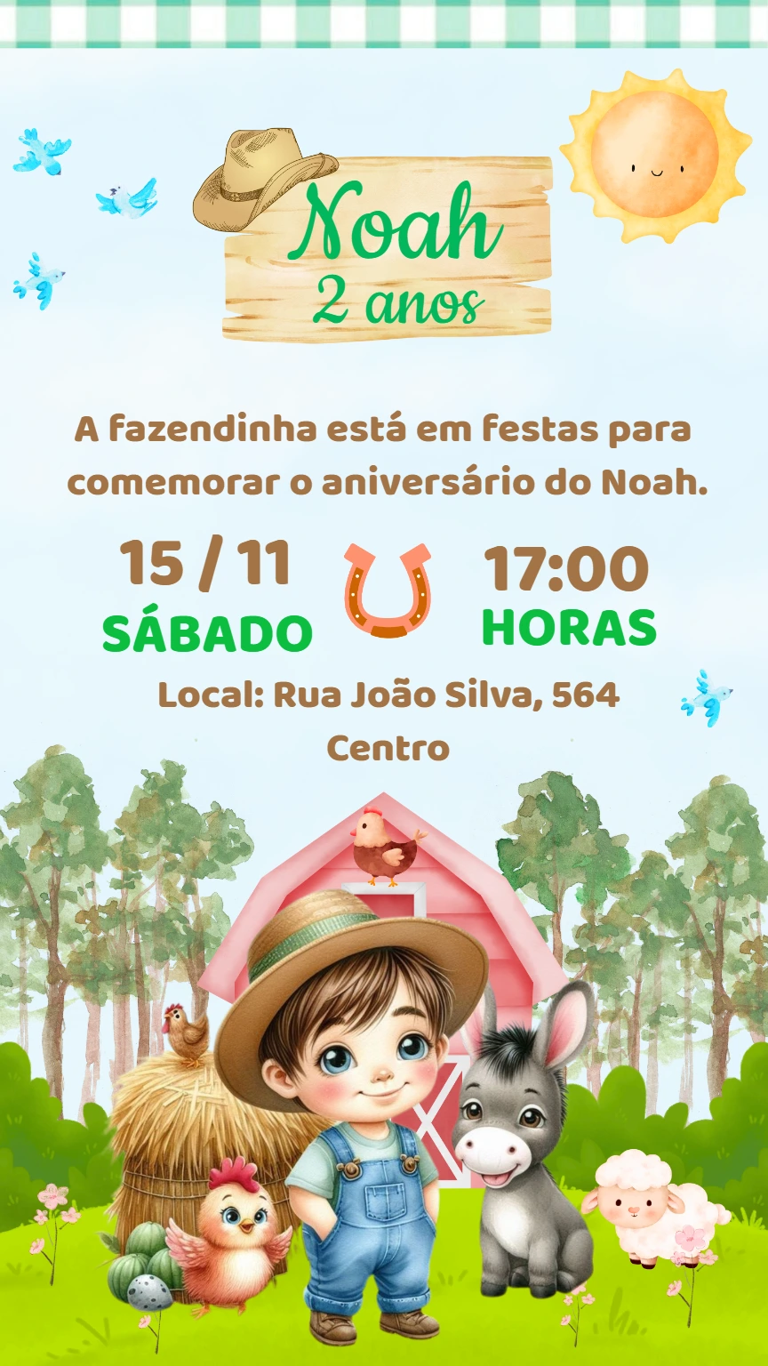 Convite Aniversário Fazendinha Menino para Editar Online