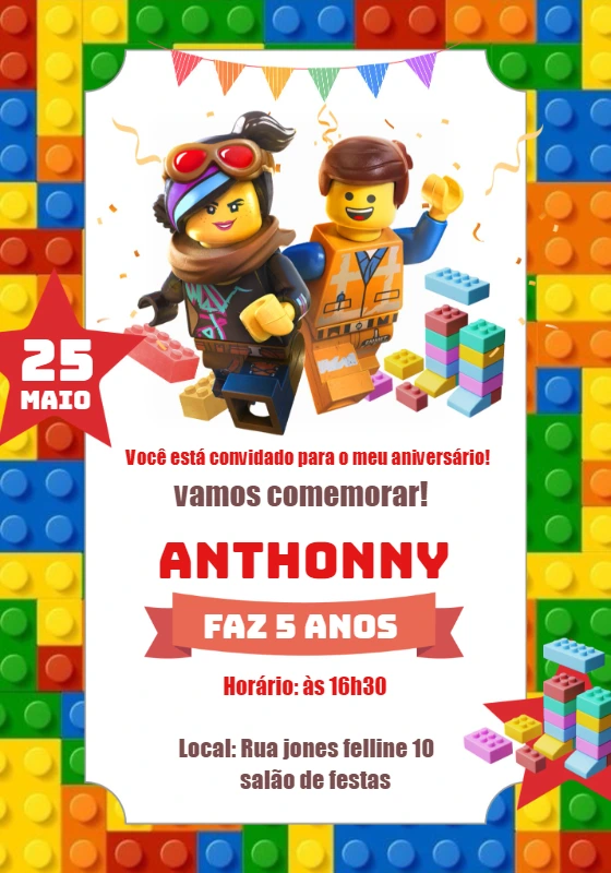 Convite Aniversário Lego com Personagens para Editar Online